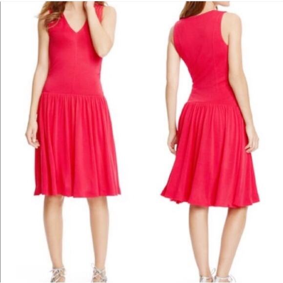 Boden Bridget Drop Waist Jersey Dress 6L Cherry Red Sleeveless VNeck Retro Twirl - Picture 1 of 14
